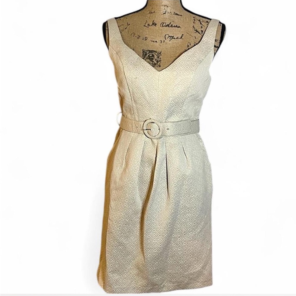 Y2k Intrigue Cream Gold Embossed Belted Mini Dress 8